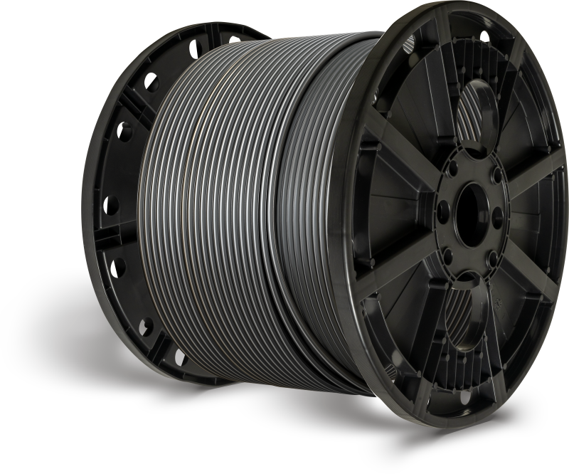 large black spool with grey coil wrapped around it