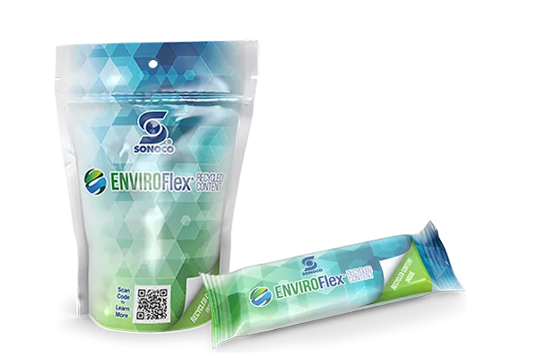 Envoltorio y bolsa hechos con contenido reciclado EnviroFlex