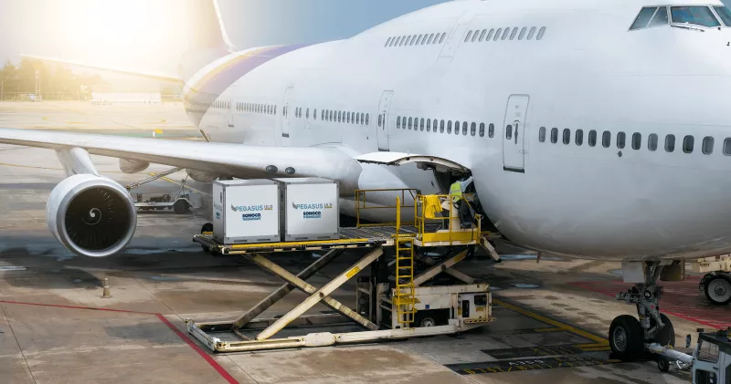 Cajas con garantía de temperatura que se cargan en la bodega de un avión