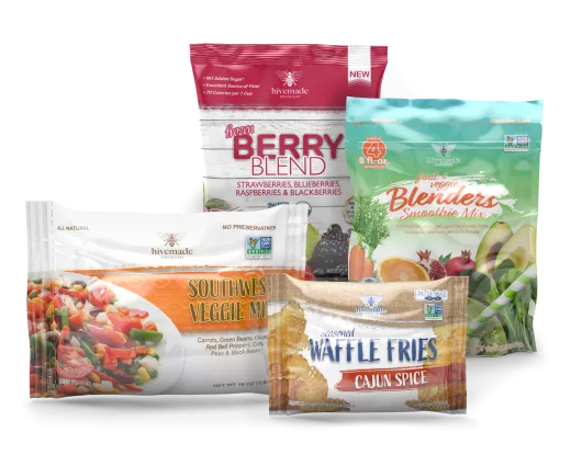 Bolsas de alimentos congelados de distintos tipos, incluidas una bolsa de almohadas para verduras congeladas y una bolsa con base para bayas congeladas.